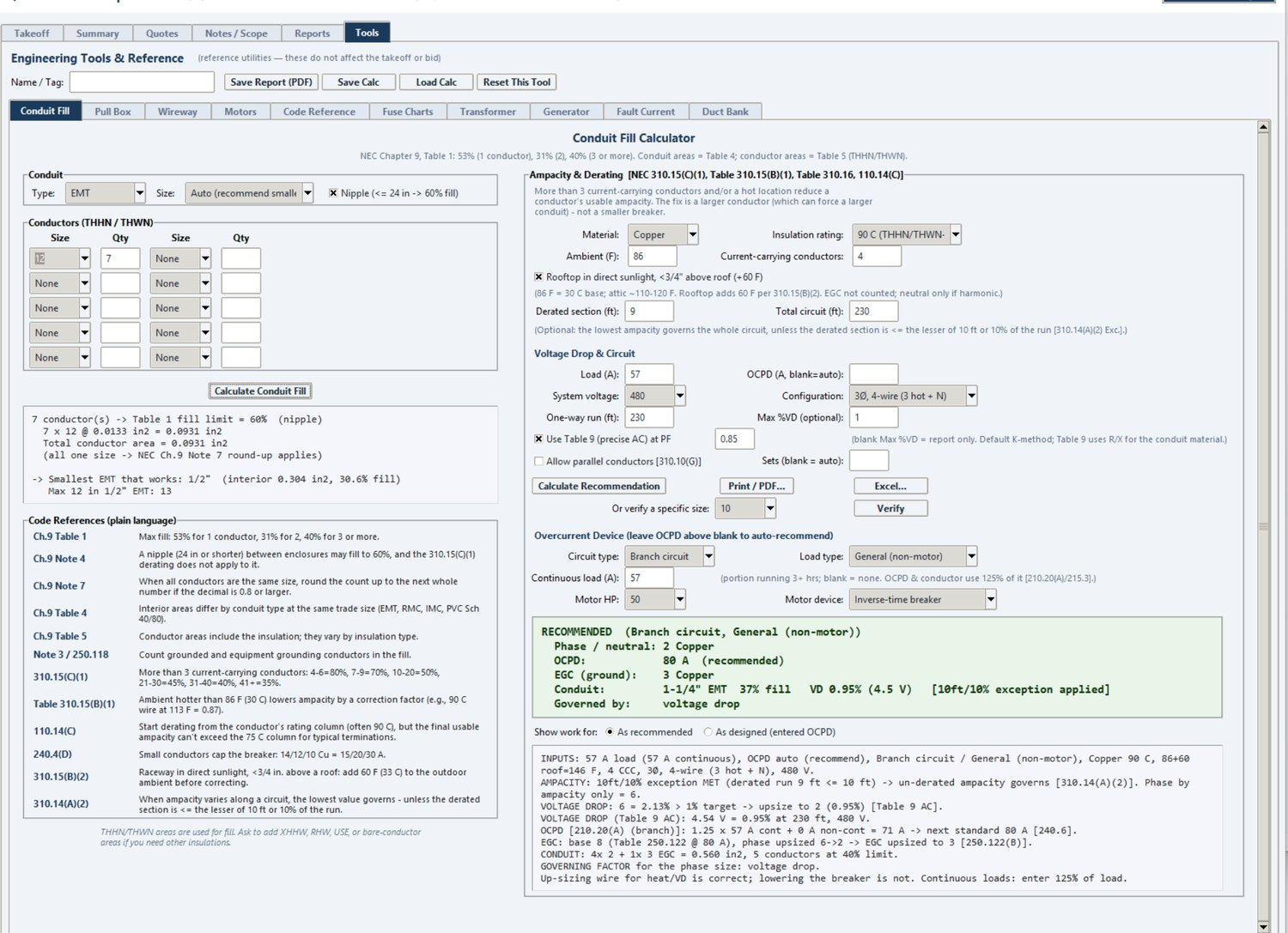 Conduit Fill & Ampacity calculator inside Stinger Pro