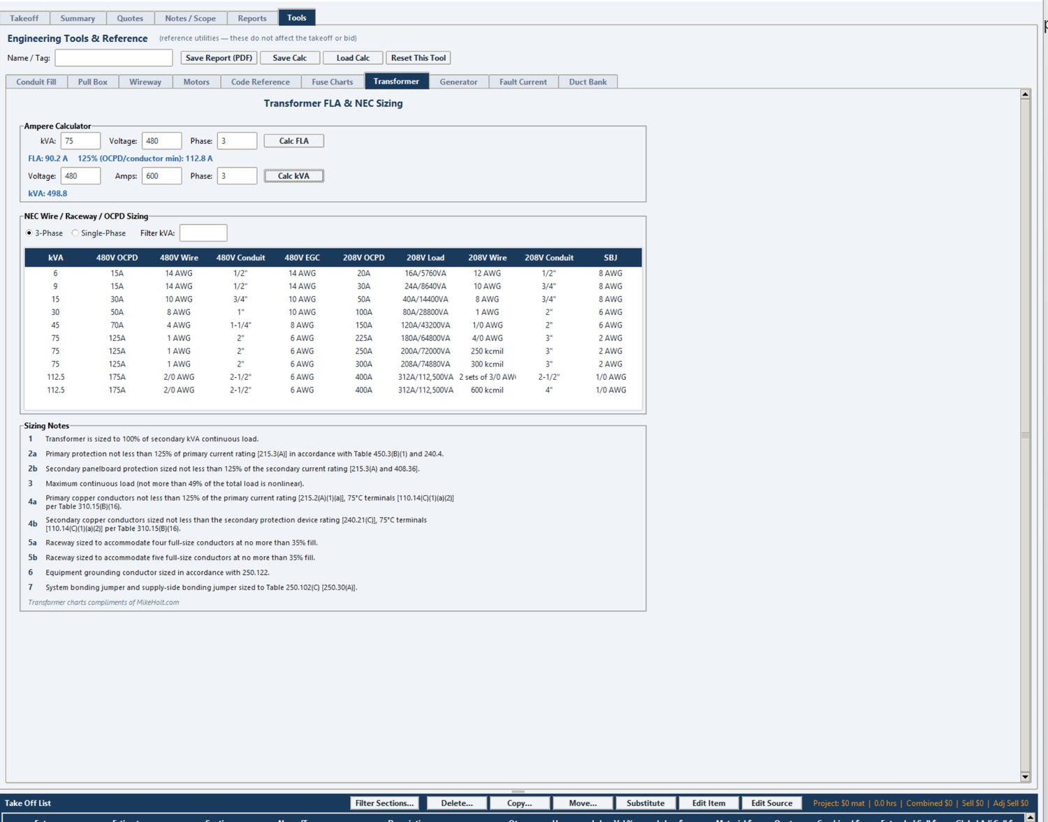 Transformer FLA & Sizing calculator inside Stinger Pro