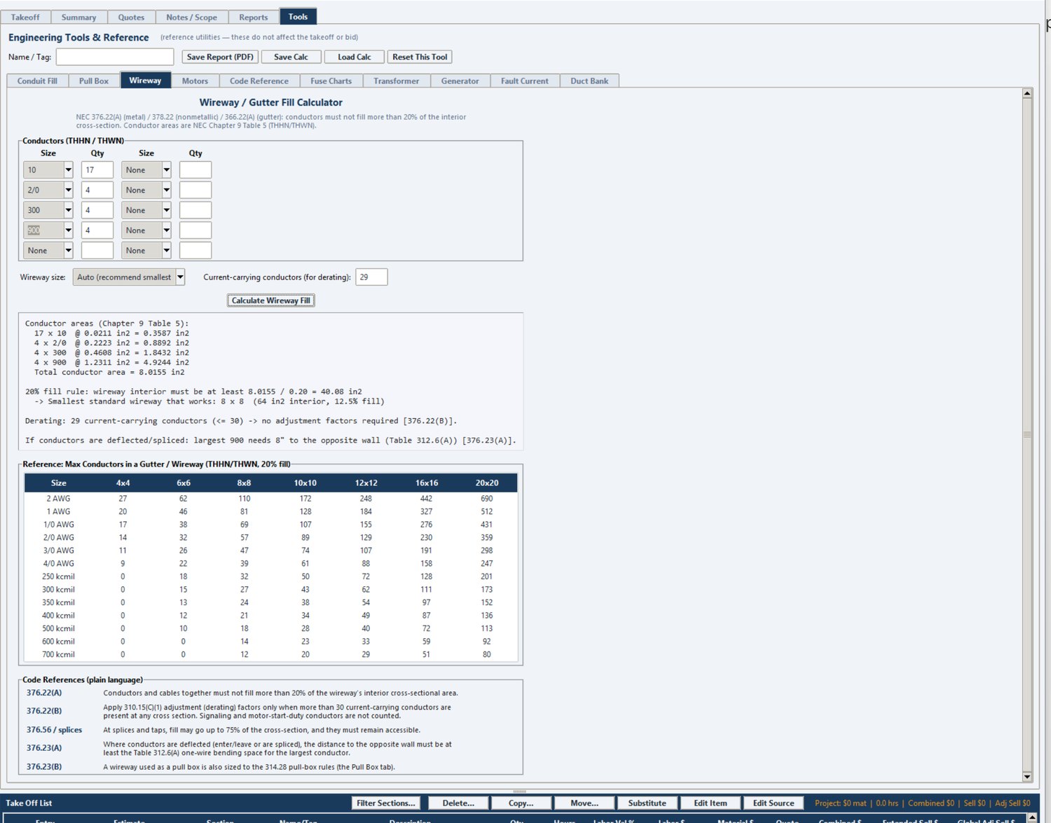 Wireway / Gutter Fill calculator inside Stinger Pro