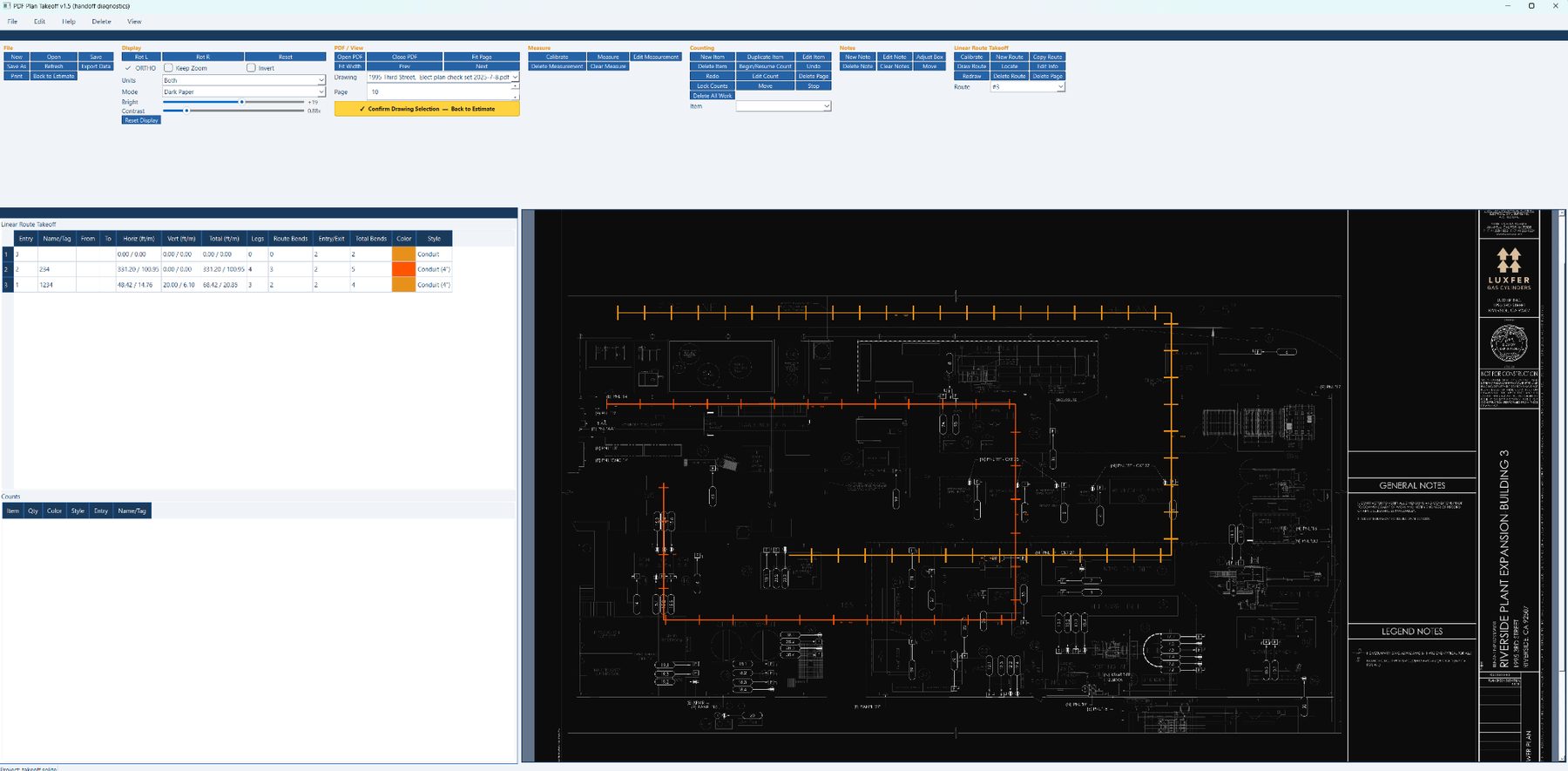 PDF plan takeoff with routed measurements