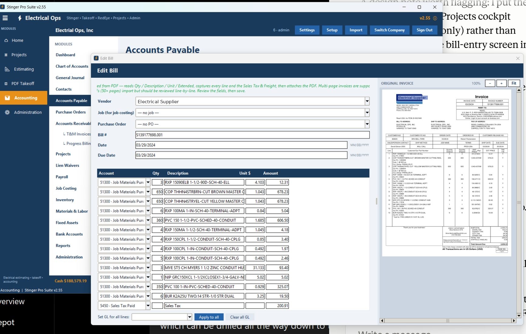 Invoice OCR feeding accounts payable and job cost