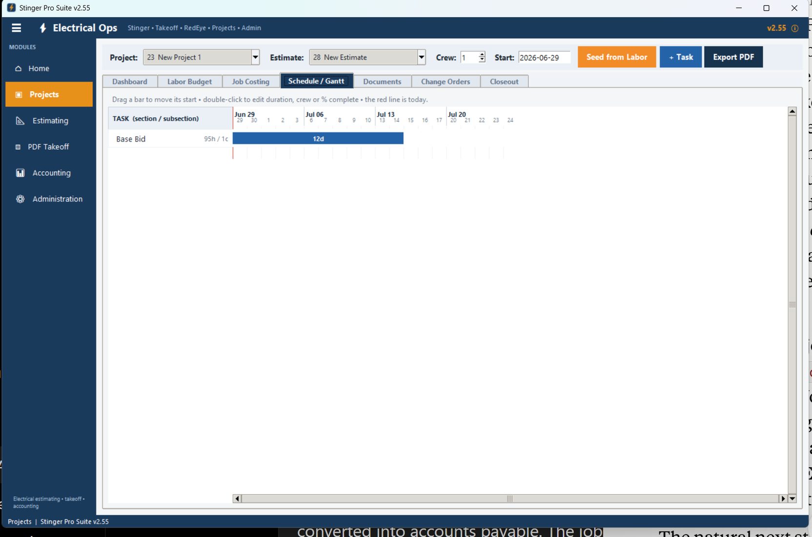 Gantt schedule seeded from the estimate